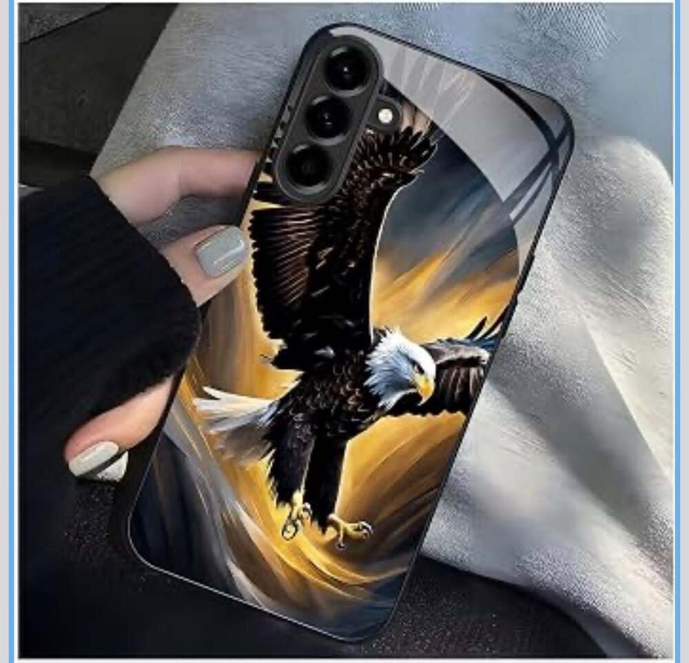 Eagle Tempered Glass Phone Case with Golden Lightning Wings Design